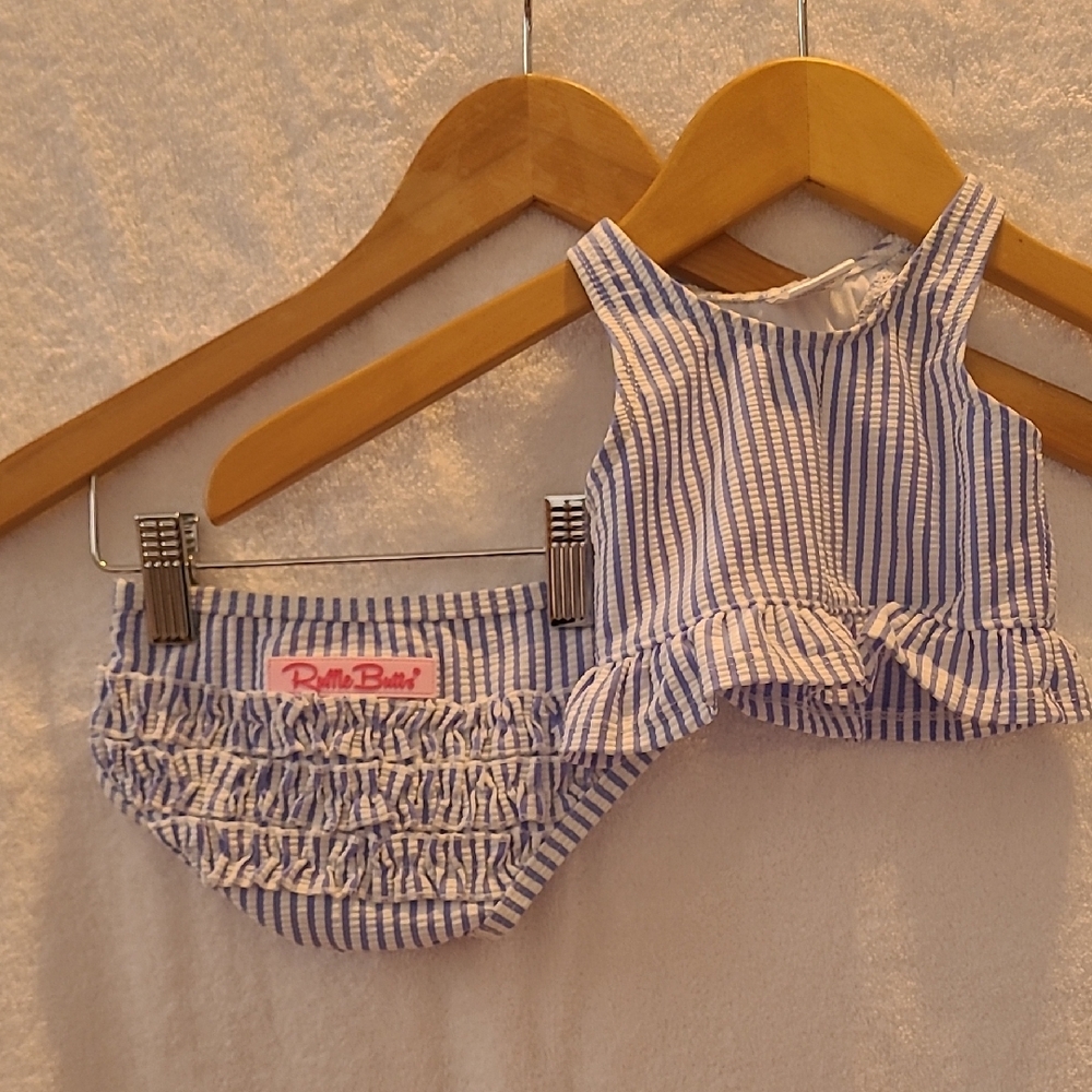 RuffleButts Blue and White Striped Baby Outfit